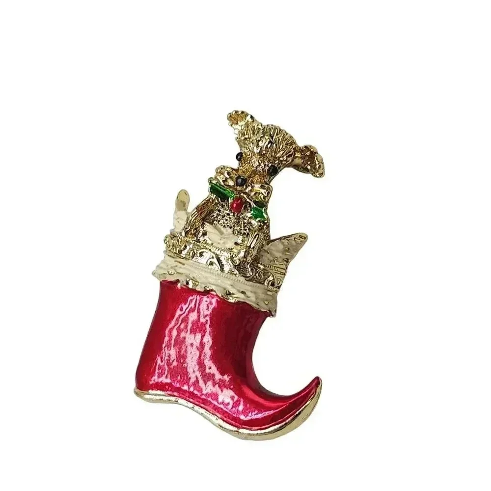 Gerrys Red Enamel Christmas Stocking with Poodle Brooch Pin Gold Tone Vintage